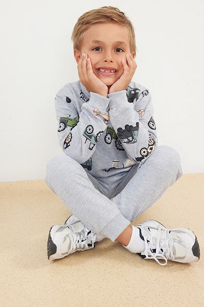 TRENDYOLKIDS Cotton Gray Melange Knitted Set - Tkdaw25Au00003