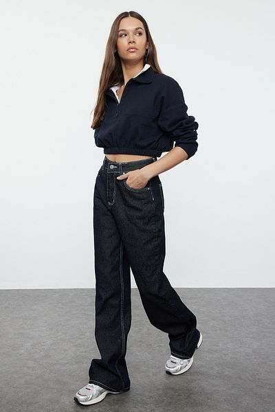 Trendyol Collection Magas derekú NavY széles lábú farmernadrág – kontrasztos varrással TWOAW25je00109