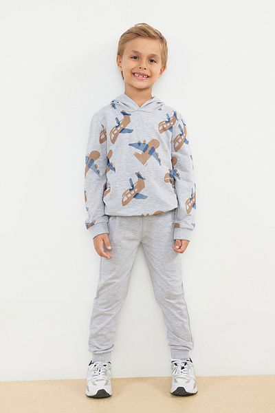 TRENDYOLKIDS Boy Gray Melange Slogan Cotton Suit - Tkdaw25Au00008