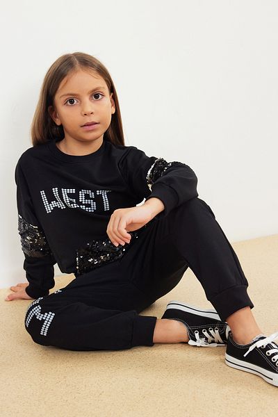 TRENDYOLKIDS Black Seasonal Sequined Knitted Suit for Girls - Tkdaw25au00022