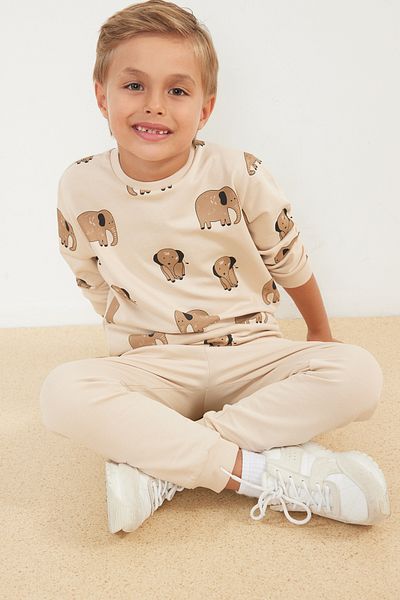 TRENDYOLKIDS Boy's Beige Seasonal Cotton Top and Bottom Set - Thin Elephant Patterned Tkdaw25Au00003