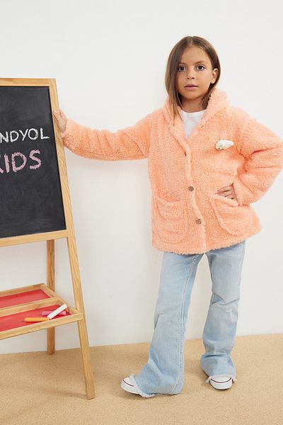 TRENDYOLKIDS Girl's Plush Knitted Jacket - Hooded and Pocket, TKDAW25CE00003