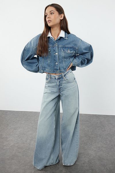 Trendyol Collection Oversize modrá džínová bunda - detail prošívání, TWOAW25CE00014