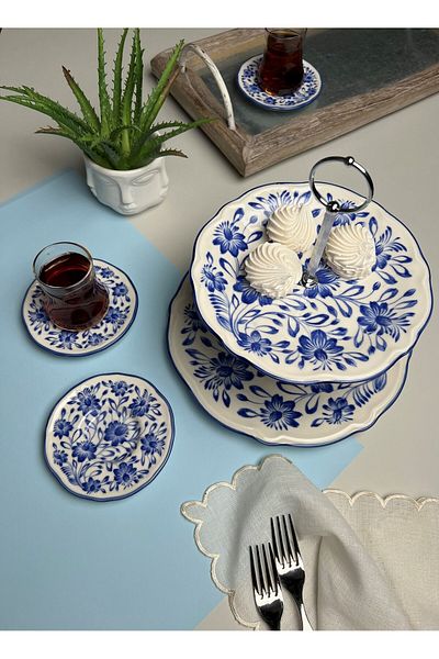 JAMUOR Jamour Mess Fulya in 12cm Diameter - Porcelain Layered Cookie Holder and 6-Piece Tea Plate Set