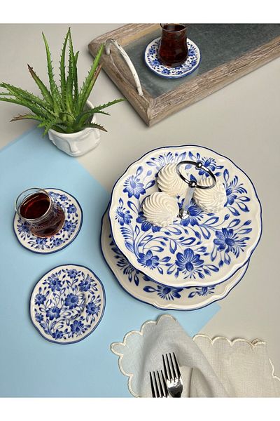 JAMUOR Jamour Mess Fulya in 12cm Diameter - Porcelain Layered Cookie Holder and 6-Piece Tea Plate Set