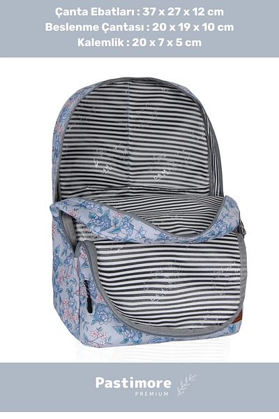 Pastimore Zippered Large 1st Quality Waterproof Patterned Compartmented Triple School Pen Holder Lunch Backpack Set