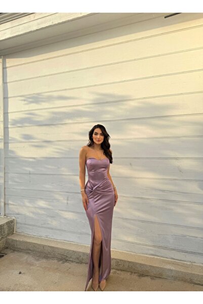 Mekafashion Pamira Ön Düğüm Detay Straplez Saten Abiye 582836 LİLA