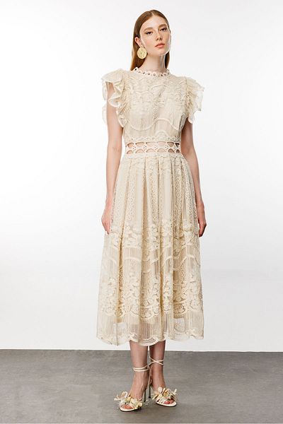Nefeli Low Waist Striped Lace Dress Beige