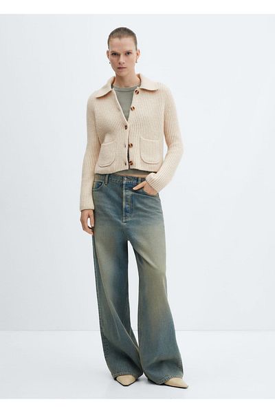 MANGO Woman Cardigan with Collar and Pockets - Relaxed Fit