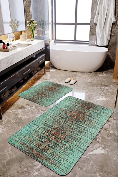 Homiko Water Green Antique Patterned 2-Piece Large Size Bath Mat Set