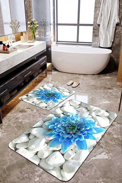 Homiko Set de 2 covorașe de baie mari cu model de flori albastre