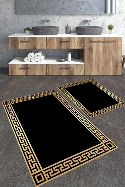 Homiko Simli Görünümlü Gold Çerçeveli 2'li Büyük Boy Banyo Paspas Seti