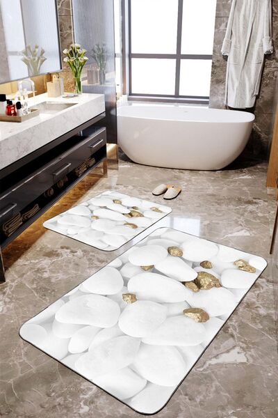 Homiko White Stone Patterned Large Size Bathroom Mat Set of 2