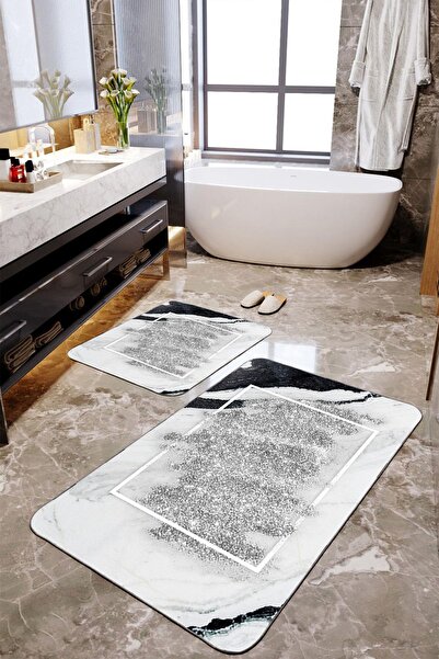 Homiko Simli Görünümlü Mermer Desenli 2'li Büyük Boy Banyo Paspas Seti