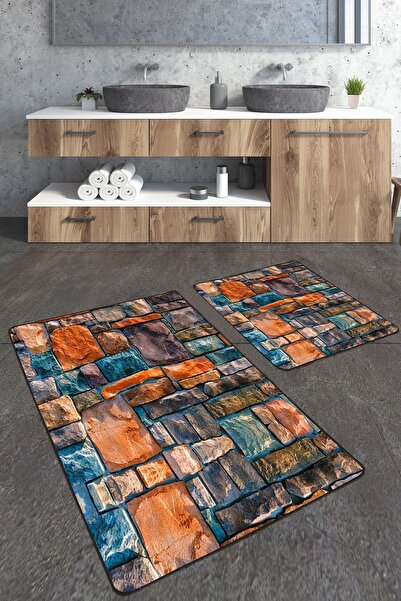 Homiko Set de 2 covorașe de baie mari cu model de perete de piatră colorată