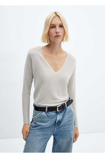 MANGO Woman Pulover cu decolteu în V din material Lureks