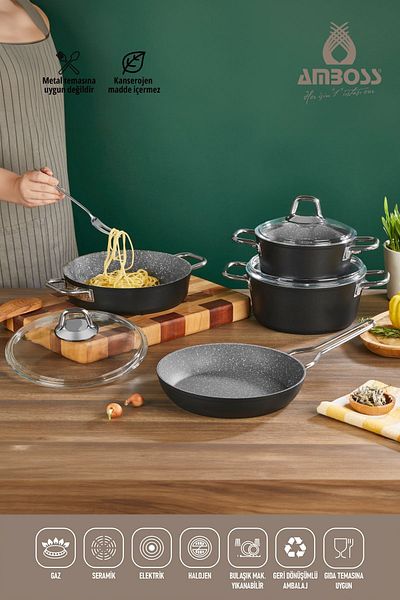 Amboss Crystal 7-Piece Granite Double Colored Pot Set - Black