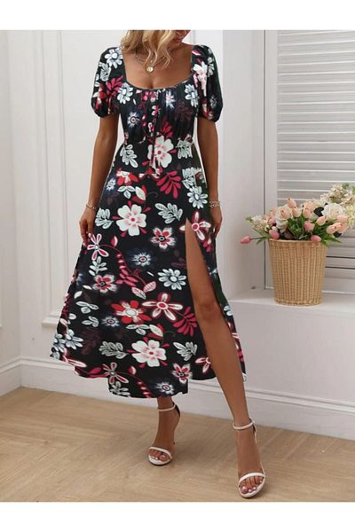 Moka Shopin MokaShopin Women's Single Jersey E - كم قصير، ياقة مربعة، رباط أمامي وتفاصيل فتحة جانبية من الدانتيل، طباعة حريرية