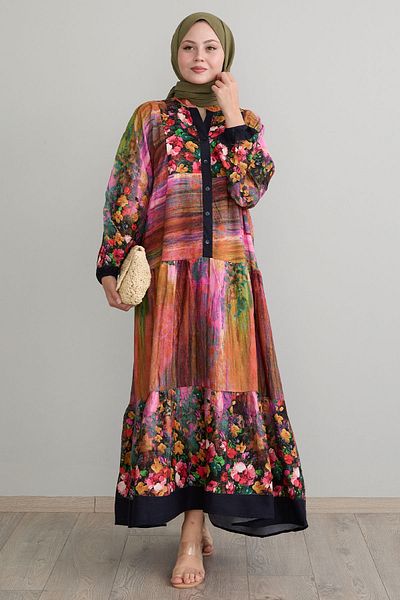 InStyle Vâscoză Neagră - Rochie cu Motive Florale Abstracte