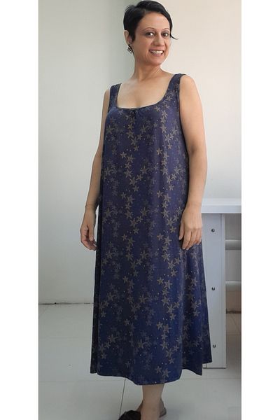 Mertcan Butik Μπλε ναυτικό μοτίβο αστεριών - Φόρεμα με κορδόνι από βαμβακερή βισκόζη
