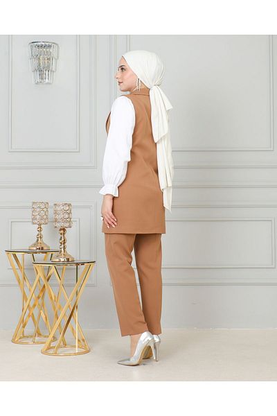 İSTANBUL GÜL Skinny Leg and Bibion Lined Sleeveless Suit - Mono Collar Single Flute