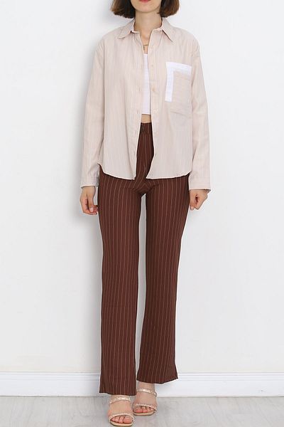 Moka Shopin BeiGe Striped MokaShopin Shirt - Pocket Detail - 18958.1247