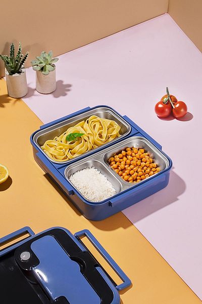 Porsima 1392-2 Steel 3 Compartment Food Thermos Lunch Box Lunchbox Lunch Box-blue