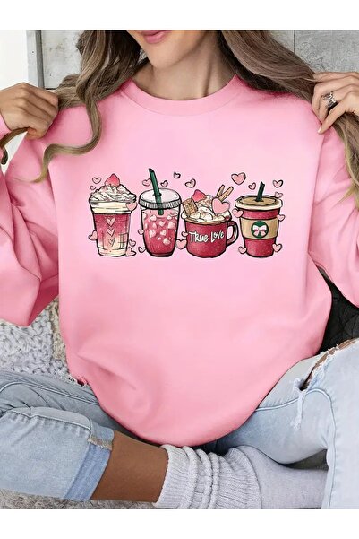 QUEENSTOWN سويت شيرت نسائي كبير الحجم مطبوع عليه كوب بني وردي - 3 خيوط، رقبة ...