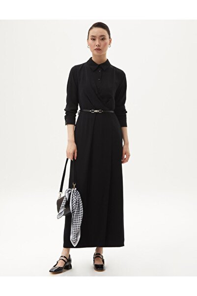 Kayra Women's Half Placket Shirred Dress-Black
