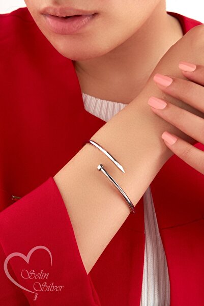 SS Selin Silver Çivi Model Kelepçe Bileklik Gümüş Renk 925 Ayar Gümüş Bileklik