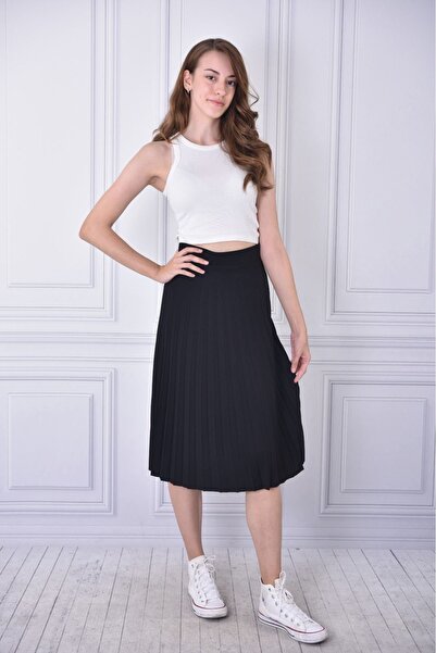 HMT ZEHRA GİYİM تنورة كريب سكوبا متوسطة الطول بطيات باللون الأسود (S-M-L-XL)