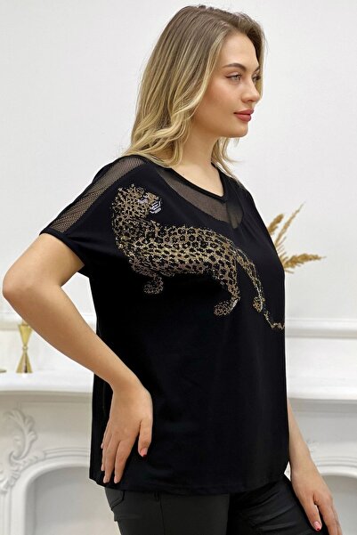 RICH GLAM Comfortable Fit Mesh Detailed Tiger Crystal Stone Large Size Cotton Women's Black T-Shirt