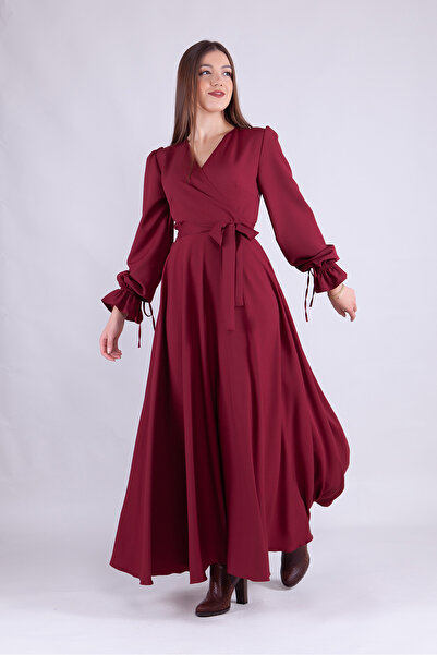 RURIS Burgundy Maxi Dress - Double Breasted Collar, Long Sleeve and Sash Detail