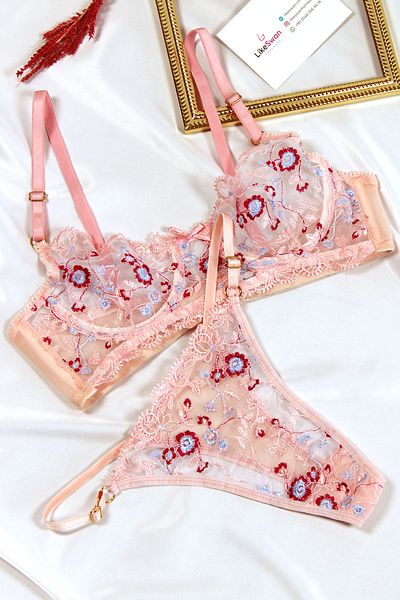 LikeSwan Set de lenjerie de corp bralet transparent din dantela cu sârmă roz