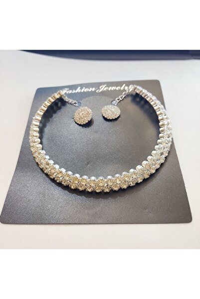 Tradinyom Gümüş renkli elmas taşlı kolye ve küpe seti