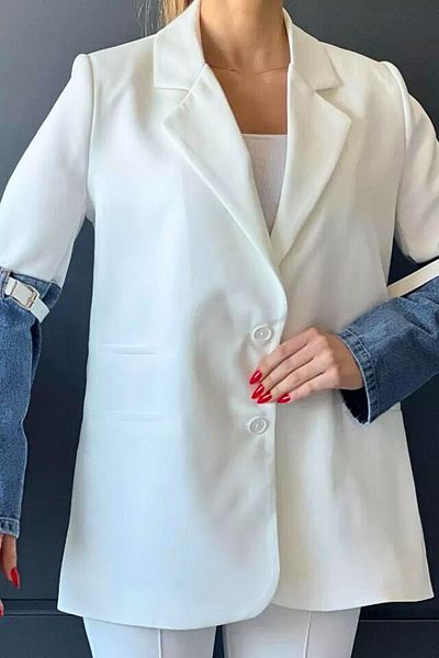 trendalisse White Blazer Jacket - Σχέδιο με τζιν γαρνιτούρα και επένδυση