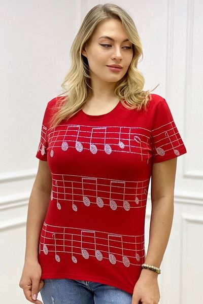 RICH GLAM Red Stylish Plus Size Crystal Jewelled Crew Neck T-shirt