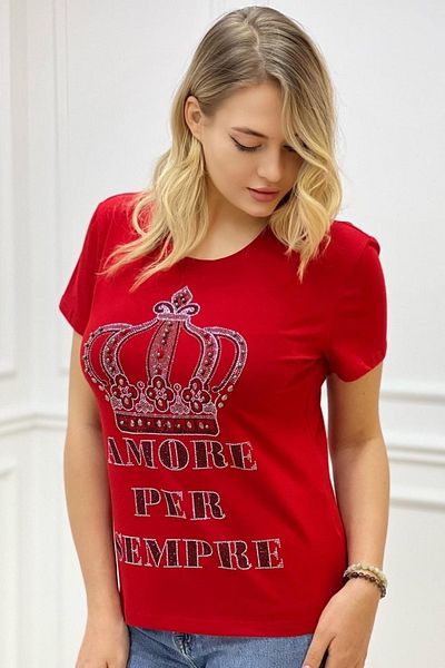 RICH GLAM Red Plus Size Crown PaTTerned CrysTal STone ComforTable ShorT Sleeve Women's T-shirt