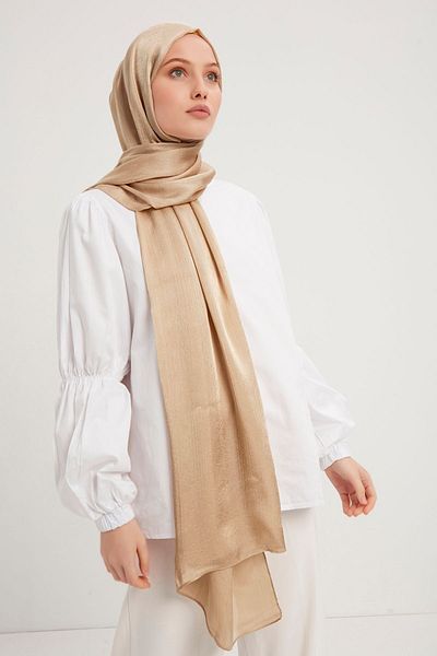 Saless Janjan Detailed Crinkle Hijab Evening Shawl - Beige, 70X190Cm