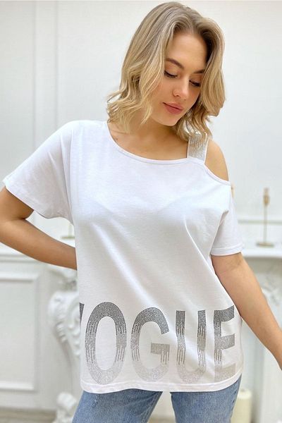 RICH GLAM Large Size Crystal Stone Detailed Stylish Comfortable White Cotton T-Shirt - Single Strap
