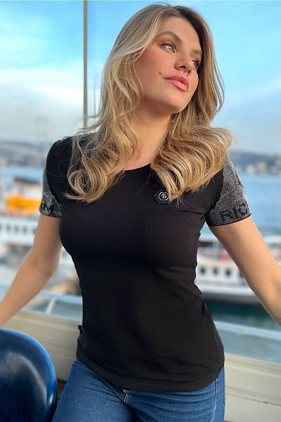 RICH GLAM Tricou negru din bumbac, cu decolteu crew, cu mâneci Crystal Stone