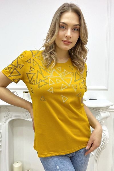 RICH GLAM GeomeTric PaTTern and CrysTal RhinesTones Crew Neck ShorT Sleeve T-shirt for Women - MusTard, Large Size