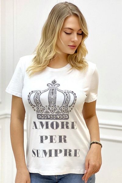 RICH GLAM large Size CrysTal Jewelled White Crown Patterned Women's Short Sleeve T-shirt