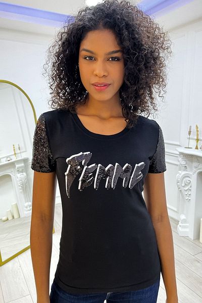 RICH GLAM Tricou de damă din bumbac cu paiete cu gât - Scris