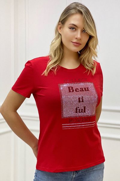 RICH GLAM Plus Size - BlacK CoTTon ShorT Sleeve T-shirt wiTh CrysTal STone DeTail