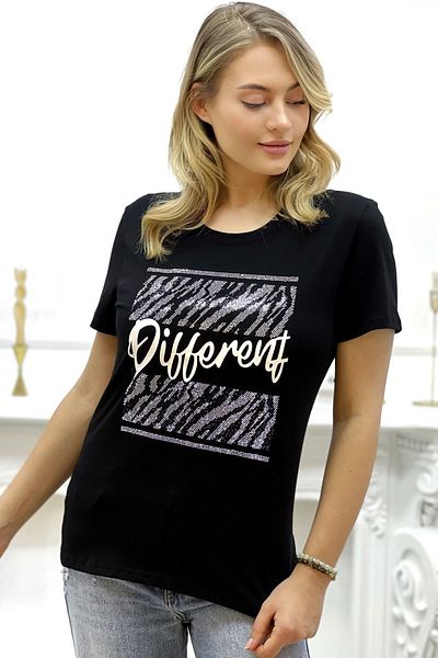 RICH GLAM Printed Crystal Stone Crew Neck Plus Size Women's T-shirt