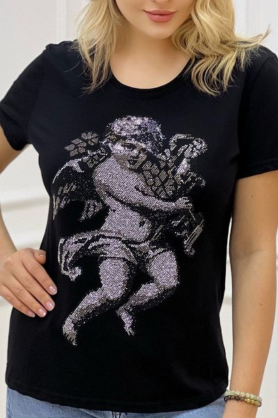 RICH GLAM Angel Crystal Stone Black Crew Neck Large Size Stylish Cotton Women's T-Shirt