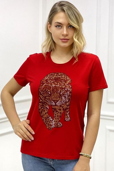 RICH GLAM Tiger Crystal Stone Plus Size Crew Neck Red Cotton Women's T-shirt