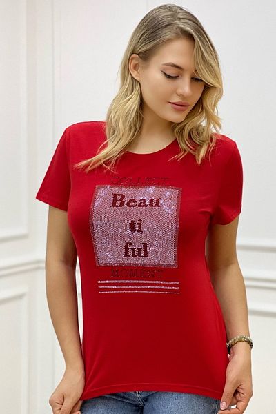 RICH GLAM Plus Size - BlacK CoTTon ShorT Sleeve T-shirt wiTh CrysTal STone DeTail