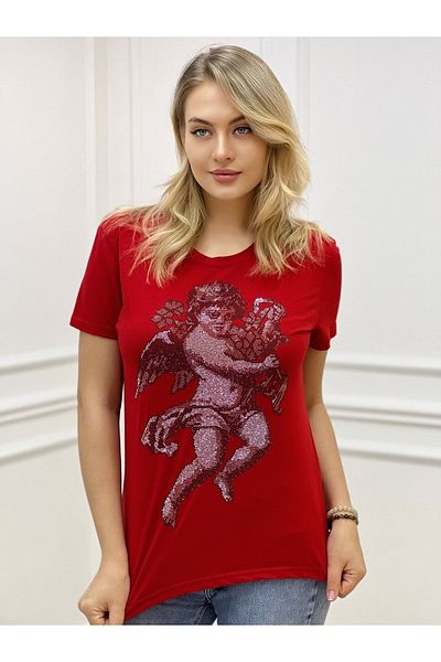 RICH GLAM Angel Crystal Stone Red Crew Neck Large Size Stylish Cotton Women's T-Shirt